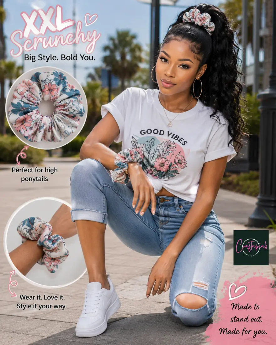 Lavon modeling a floral XXL scrunchy from the Craftnpink Fall Collection